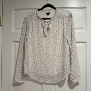Ann Taylor Cream Blouse with Gray Dot Print and Tie-Neck
